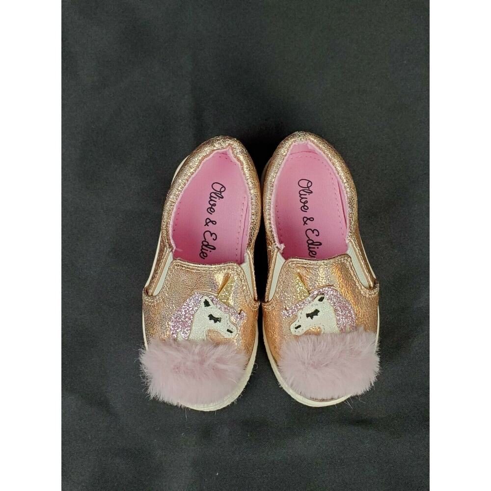 Girl's olive & edie infant flat shoes unicorn rose gold metallic sz 5m